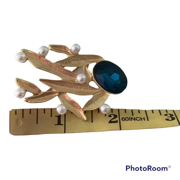 GOLD LEAVES, PEARLS AND CRYSTAL BROOCH - Picture 4 of 6